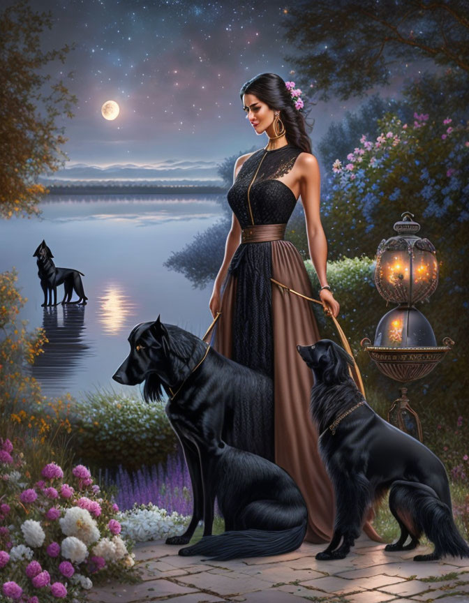 Woman with black dogs by lakeside at twilight with full moon, lantern, and forest.