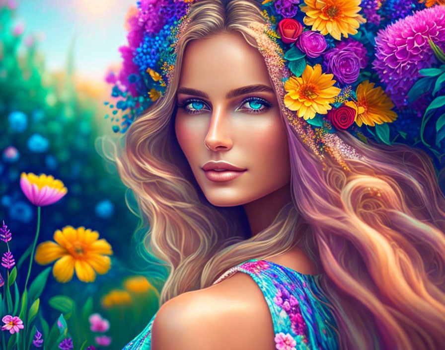 Digital art portrait: Woman with wavy hair & floral crown amidst vibrant flowers