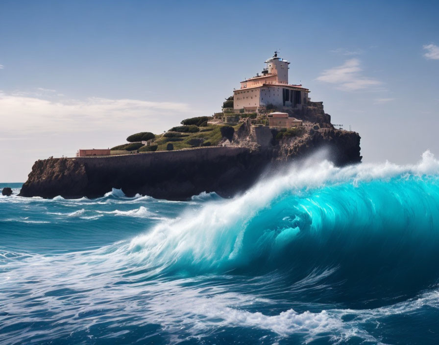 Majestic cliff-top lighthouse with turquoise wave and cloudy sky