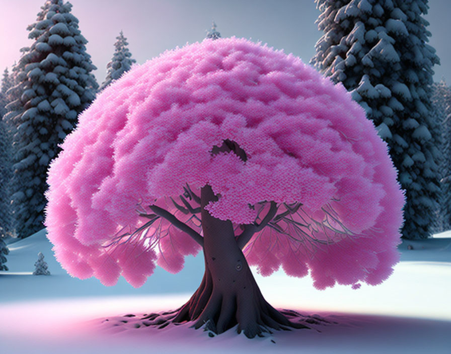 Digitally altered image: Pink foliage tree in snowy landscape