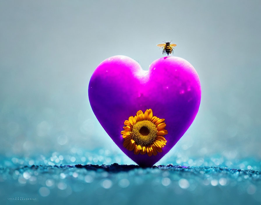 Purple Heart with Yellow Flower and Bee on Sparkling Surface