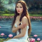 Woman with Long Hair and Floral Crown by Pond with Pink Flowers