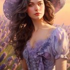 Digital illustration: Woman with wavy hair in lavender dress and hat, surrounded by red poppies.