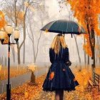 Woman with umbrella in picturesque autumn street scene