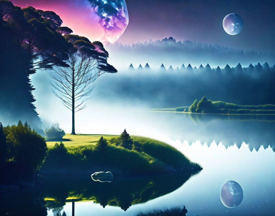 Nighttime lakeside scene with silhouetted trees, surreal sky, and oversized celestial bodies