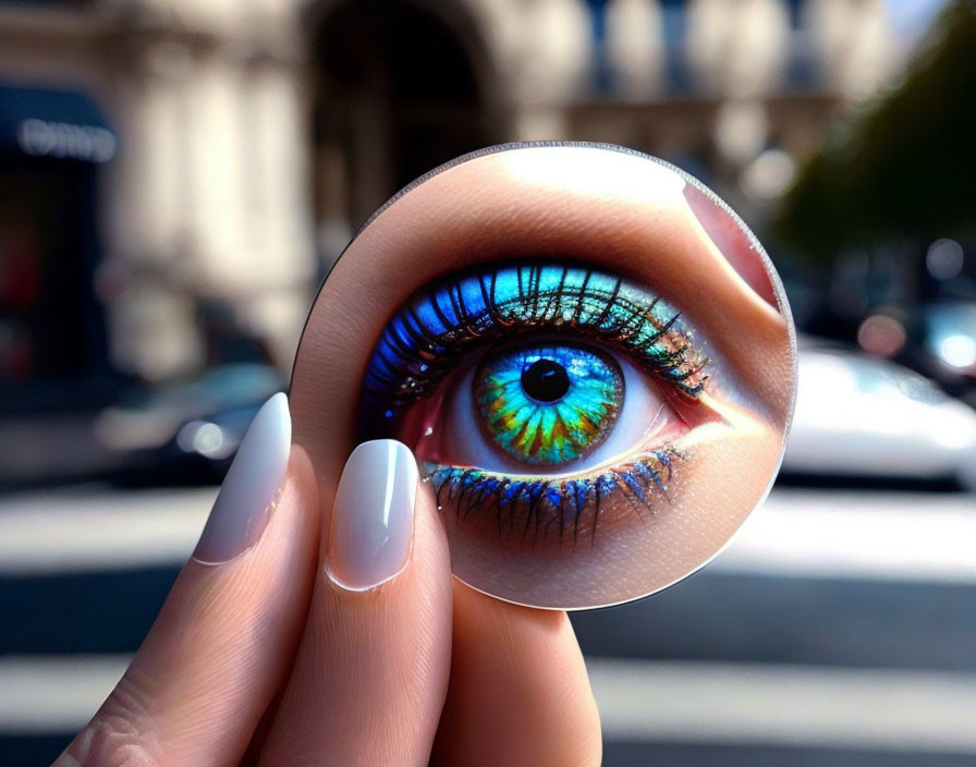 Detailed painting of an eye on circular object with realistic colors and light effects