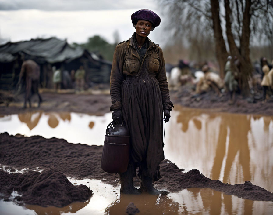 Woman in earth-toned clothes holding container in muddy field with huts and people.