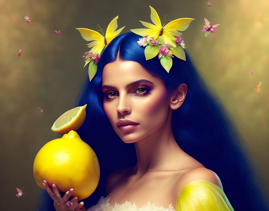 Woman with Vibrant Blue Hair and Butterflies Holding Lemon on Golden Background