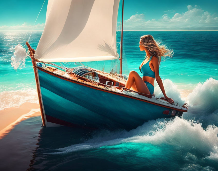 Person lounging on sailboat in turquoise waters with white waves under sunny sky