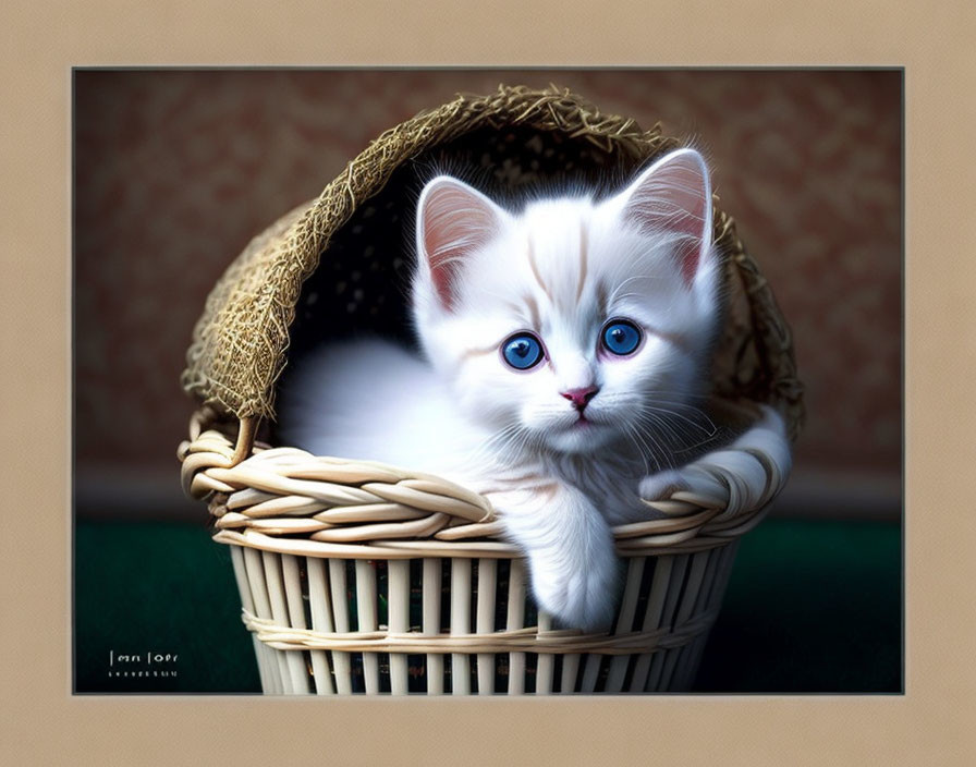 White Kitten with Blue Eyes in Woven Basket