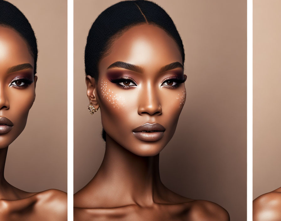 Triptych of woman with shimmering eyeshadow and freckles on tan background