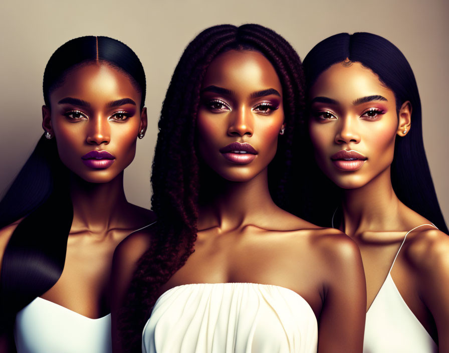 Three dark-skinned women in white dresses with different hairstyles.