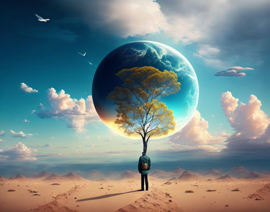 Person in desert gazes at surreal scene with large earth-like orb and solitary tree under daylight sky.