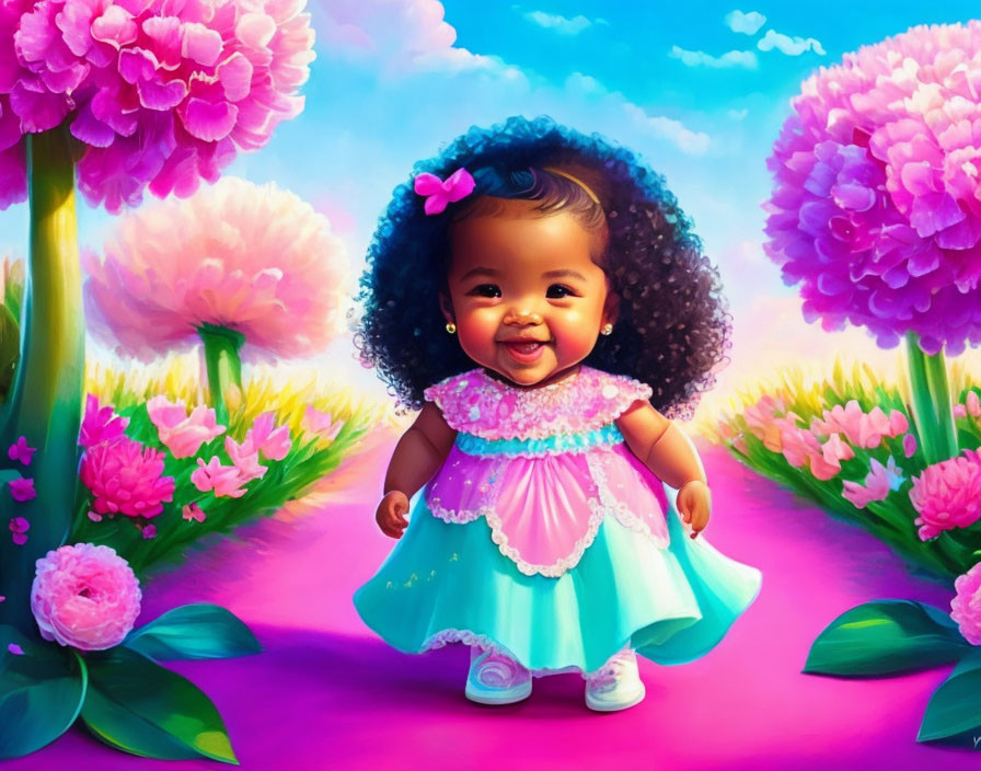 Animated baby girl in turquoise dress walking among pink flowers