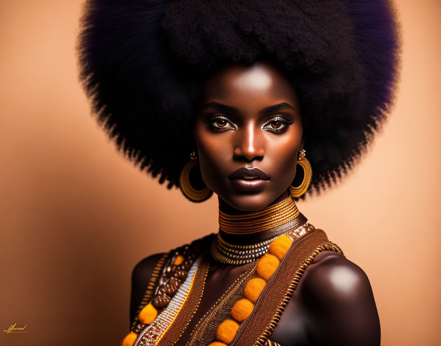 Dark-skinned woman with bold makeup, afro hairstyle, gold and orange bead accessories