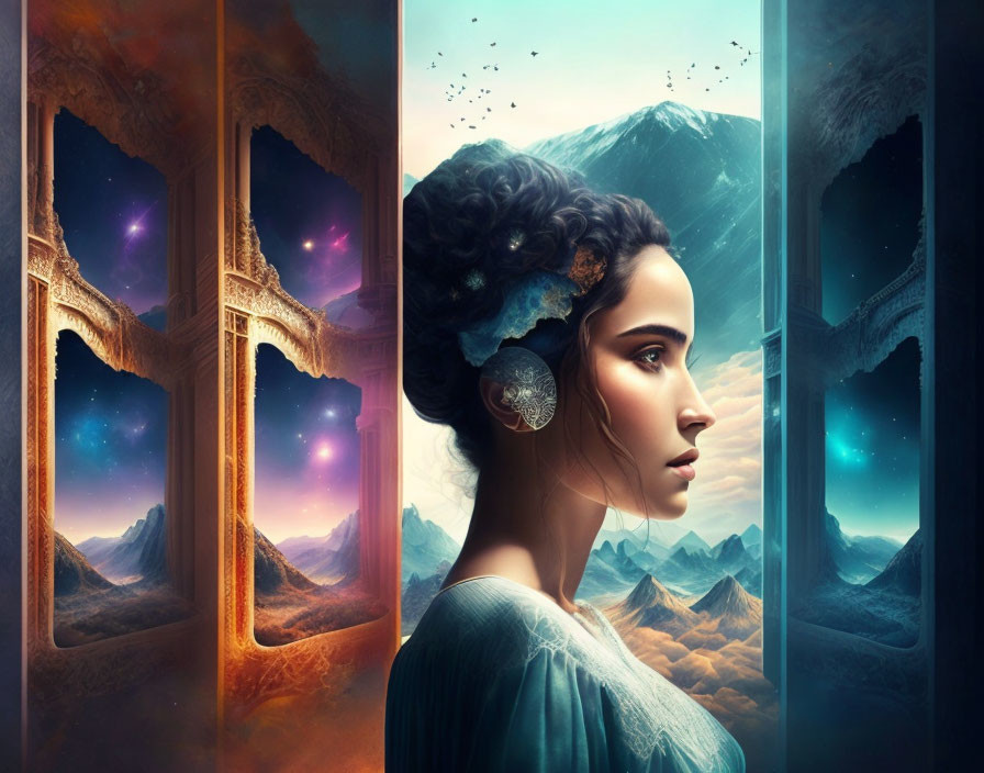 Surreal portrait blending woman's profile with serene landscapes in windowpanes