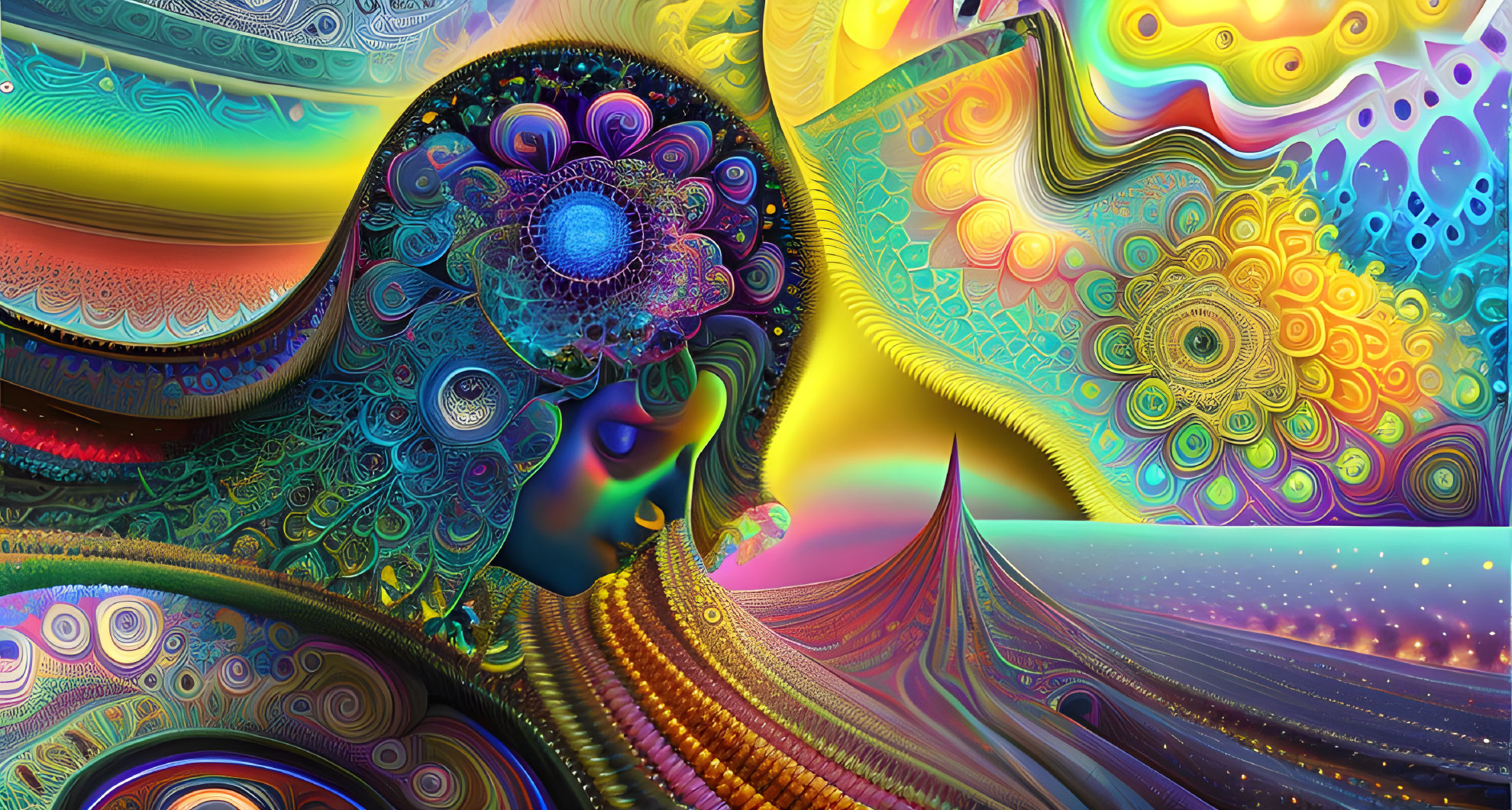 Colorful abstract digital artwork with fractal designs and human face profile in psychedelic patterns