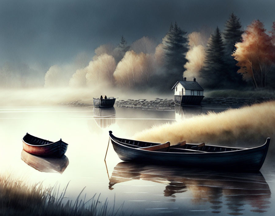 Tranquil lake scene with boats, cottage, and misty forest at dawn or dusk