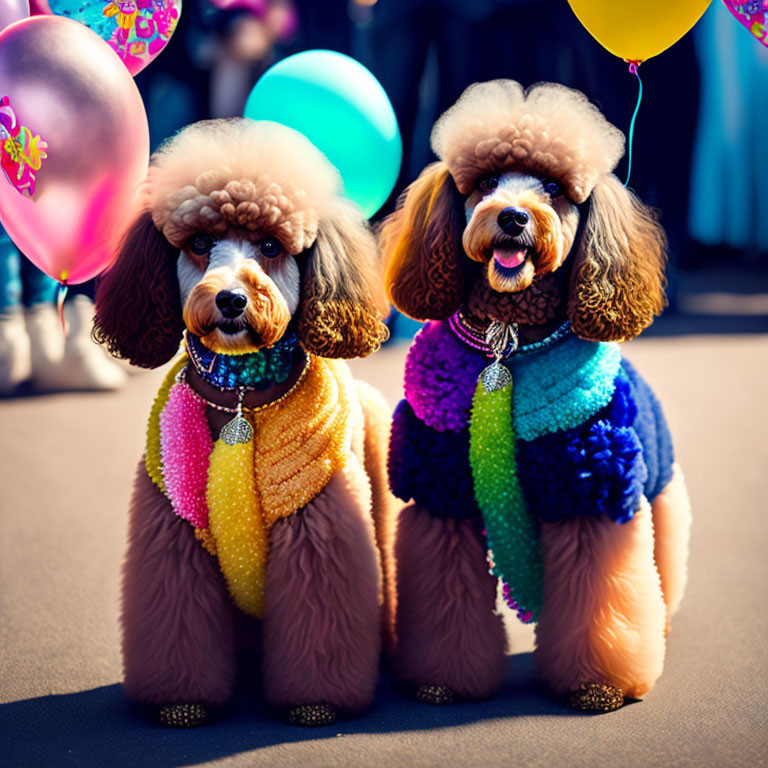 Colorful Knitted Outfits: Two Poodles with Balloons