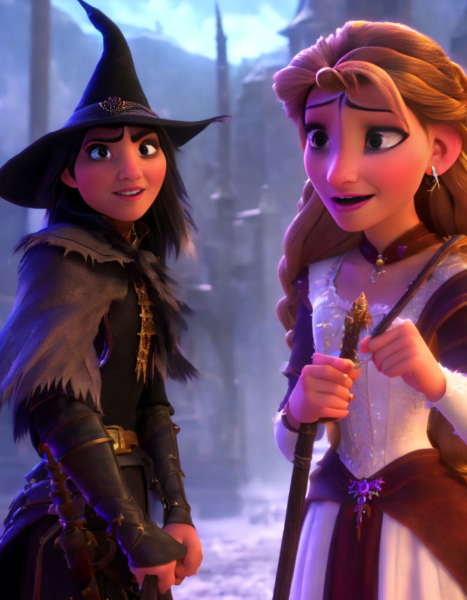 Two animated female characters in witch and regal attire in mystical setting