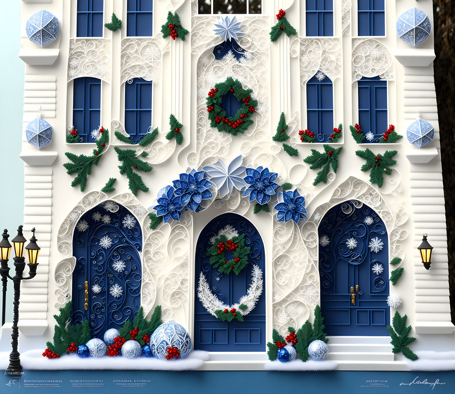 Building facade with blue doors, white relief work, festive wreaths, and snowflakes