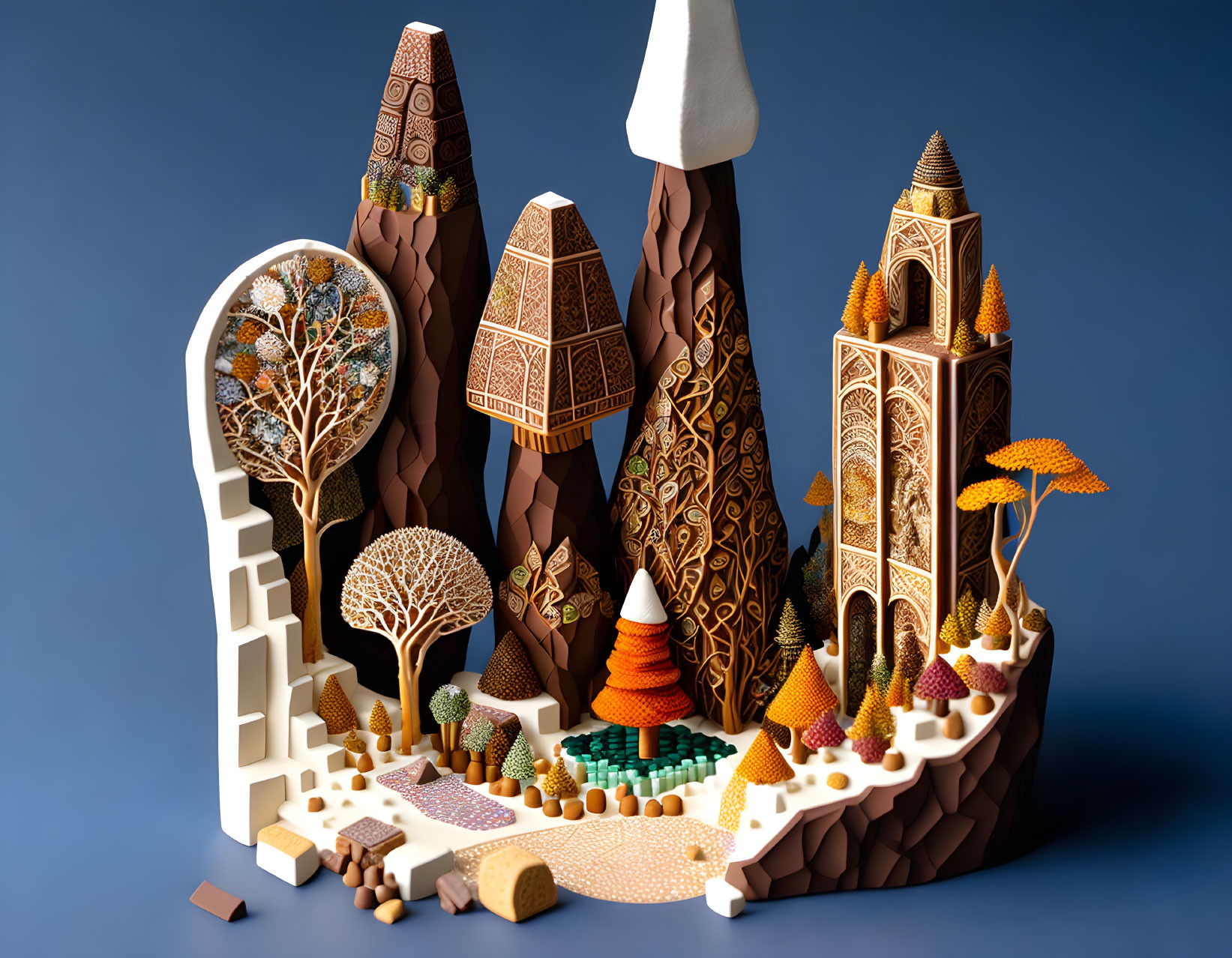 Whimsical chocolate landscape with intricate details