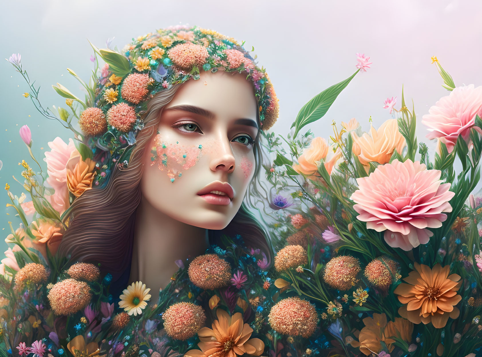 Woman with Floral Crown Surrounded by Lush Flowers