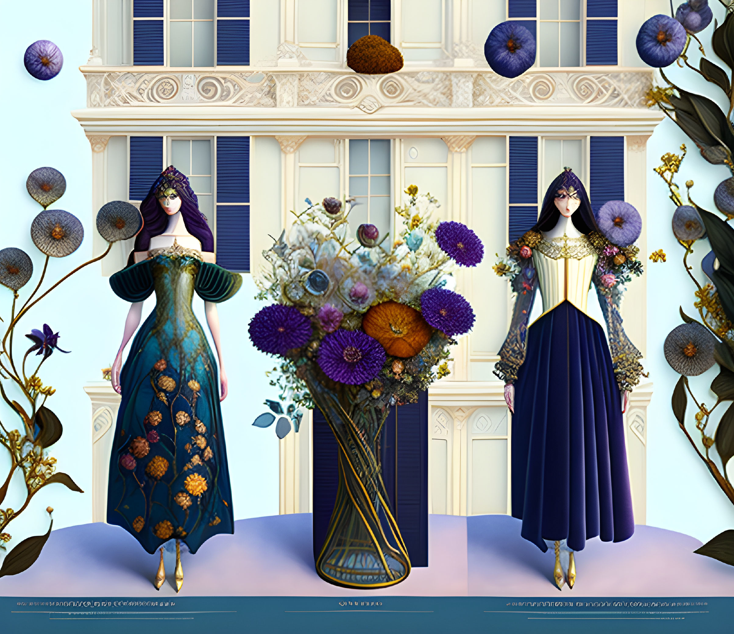 Stylized female figures in elegant dresses with floral motifs beside a vase of flowers on blue and white