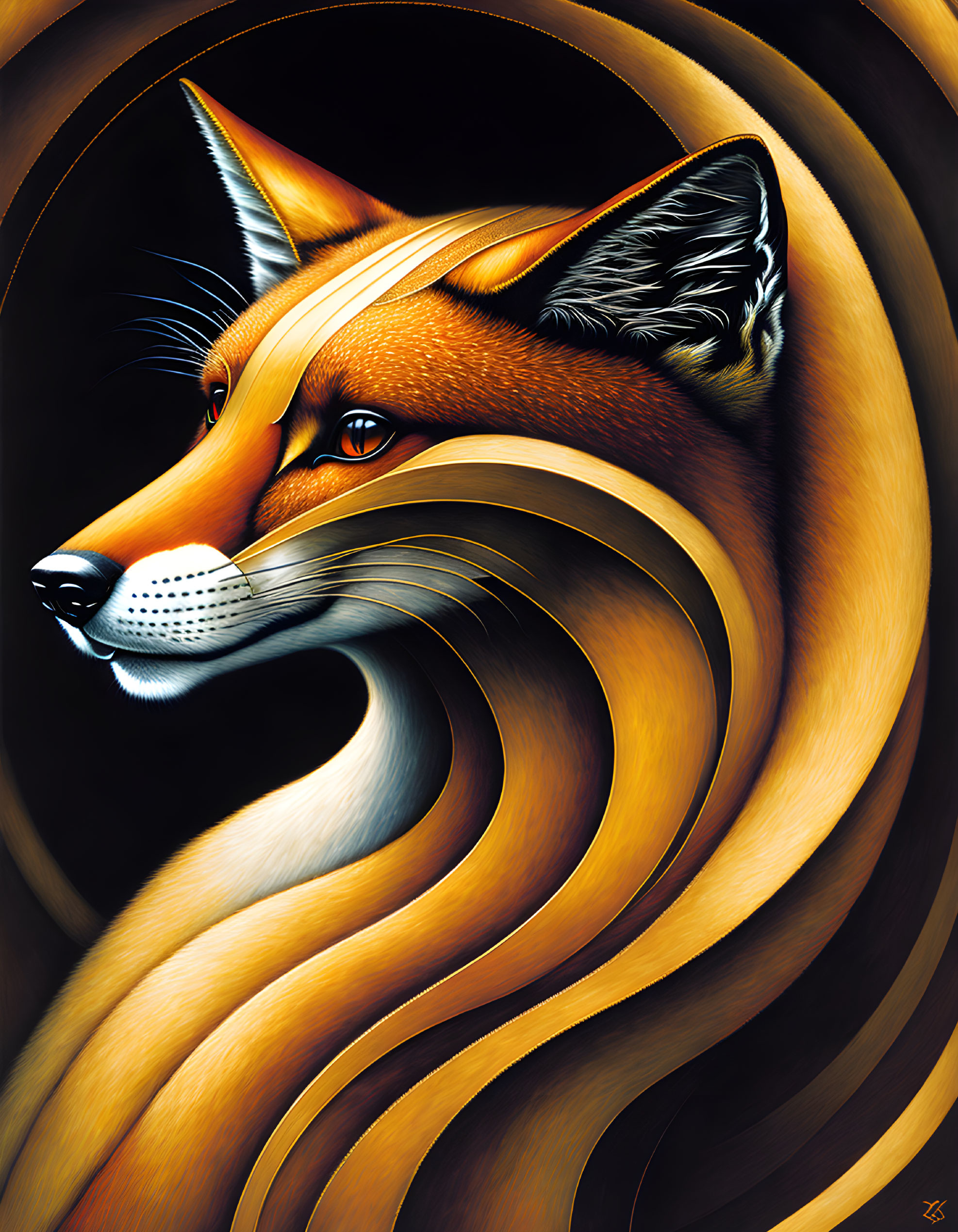 Swirling golden and brown fur patterns on a fox with dramatic shading