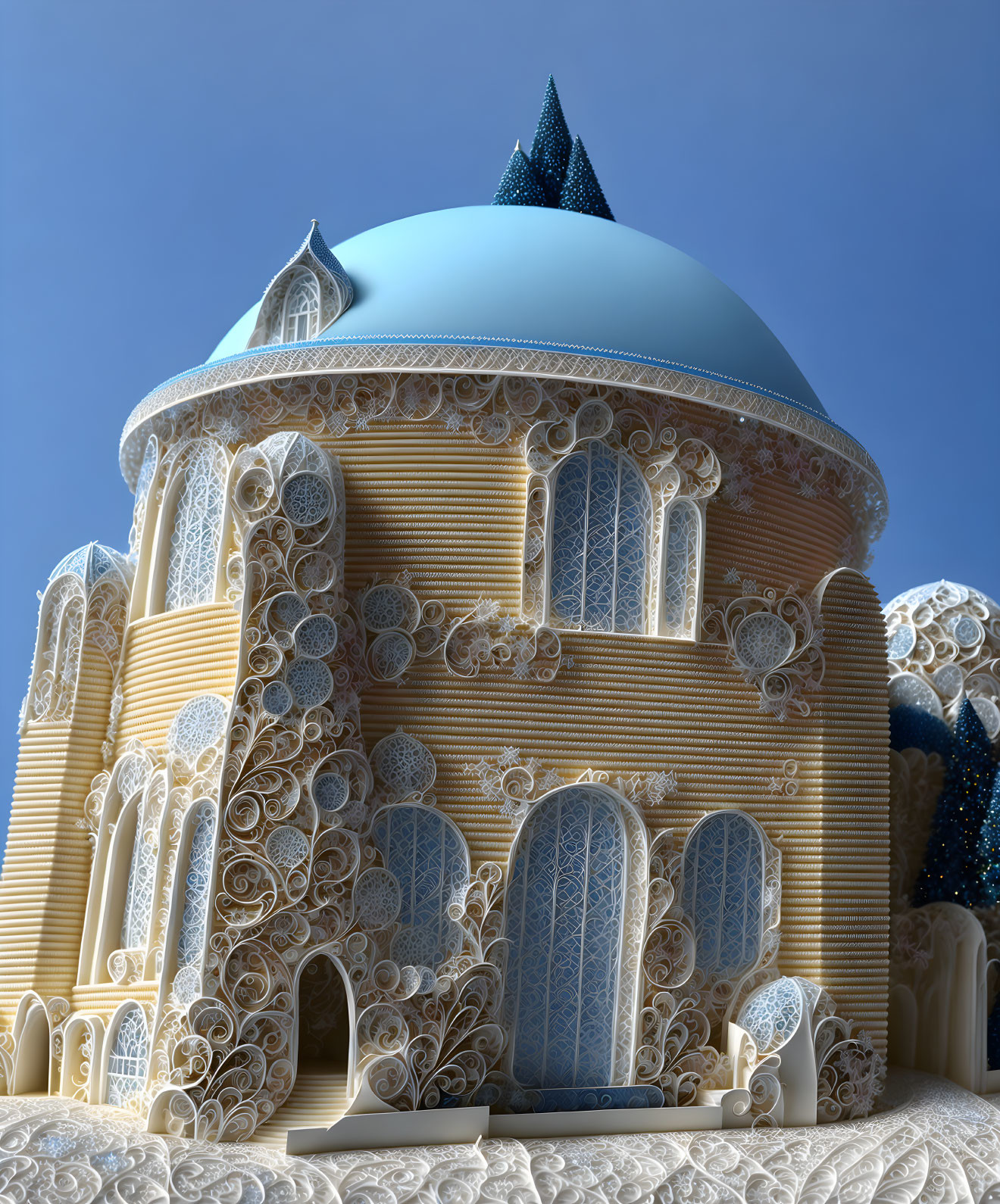 Ornate blue-domed building with intricate fairy-tale architecture