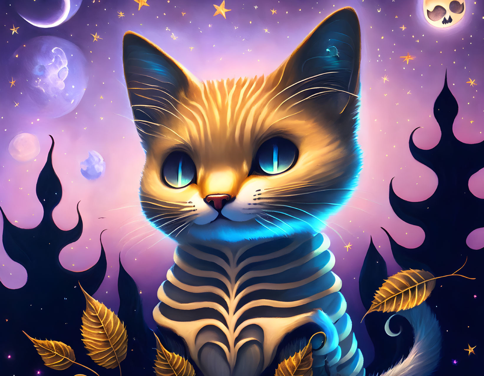 Whimsical cat illustration with celestial theme