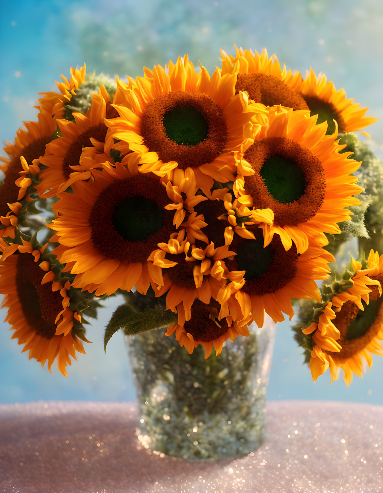 Bright yellow sunflowers in glittery vase on blue background