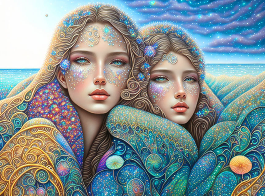 Fantastical, Colorful Illustration of Two Women with Starry Elements