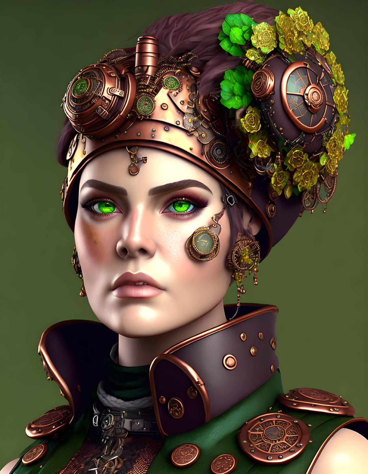 Detailed Steampunk Woman Portrait with Cogwheel Headgear