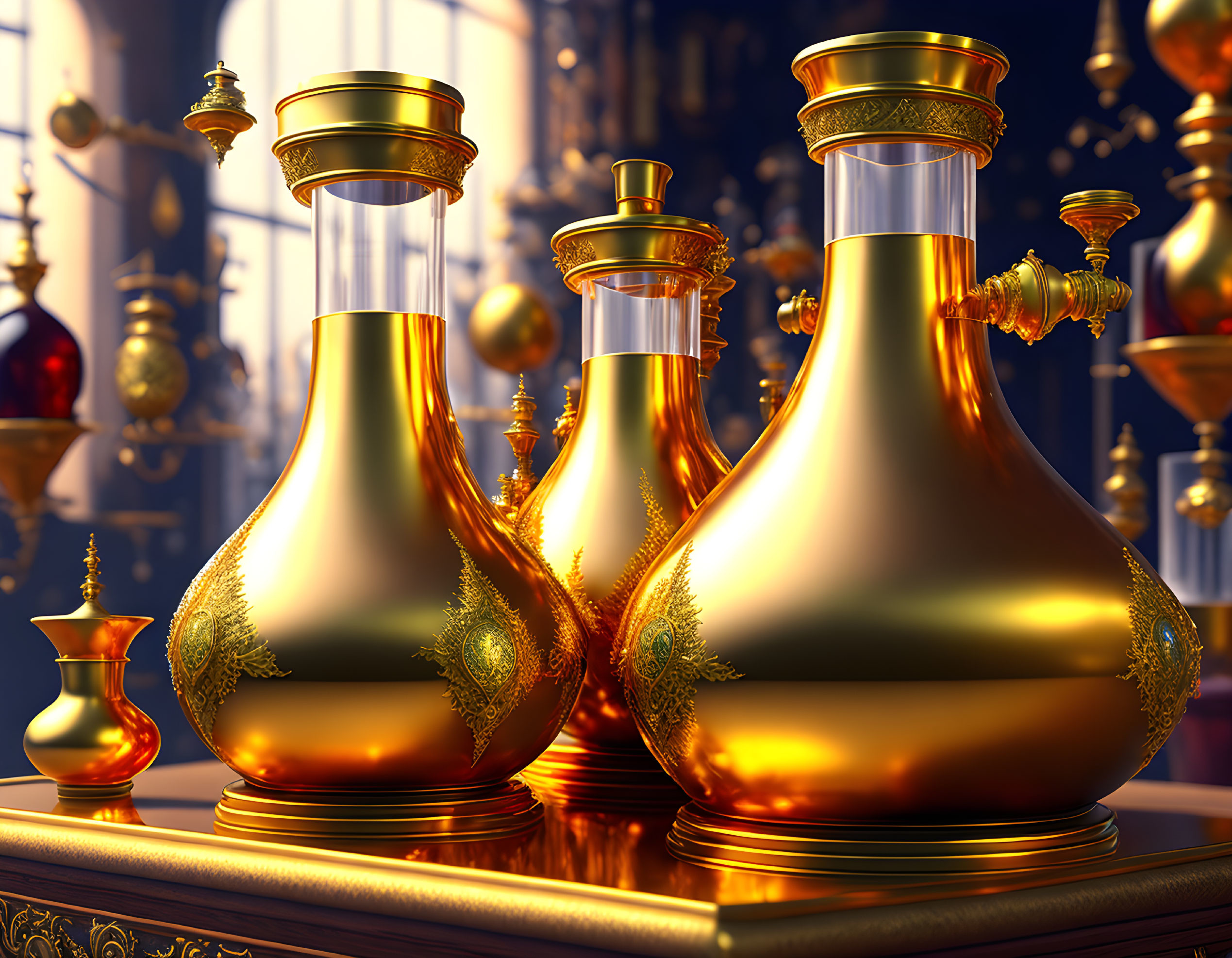 Luxurious Room with Elaborate Golden Potion Bottles