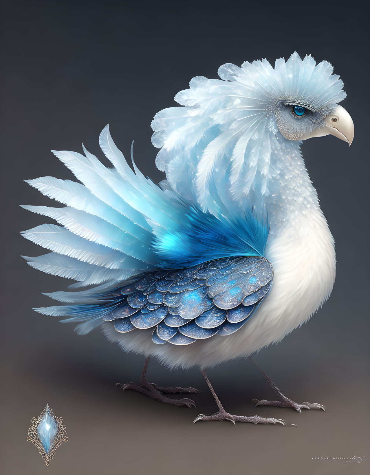 Fantasy creature with bird body, blue-tinted leaf-like feathers, majestic plume, and