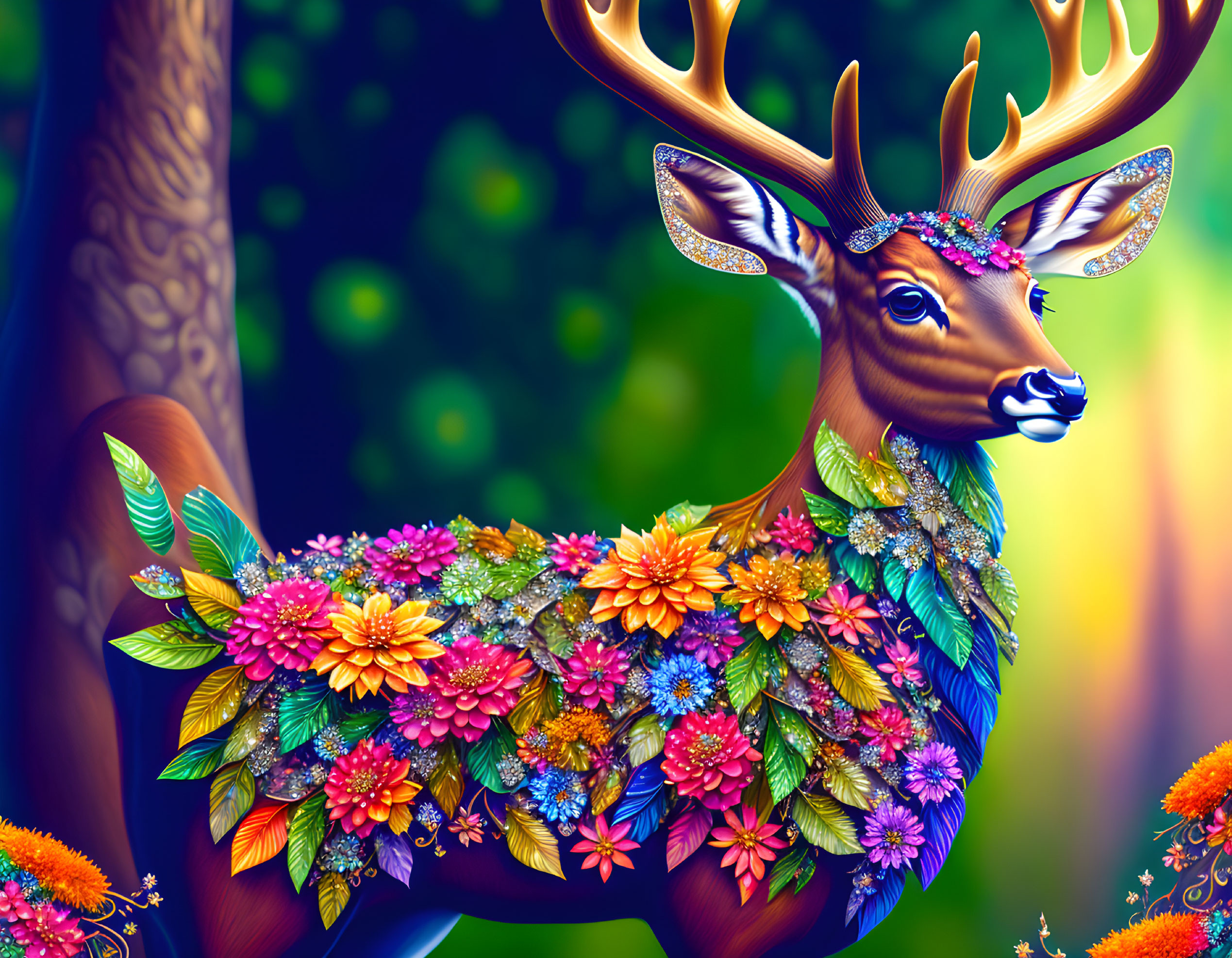 Colorful Deer Illustration with Glowing Orbs and Floral Garland