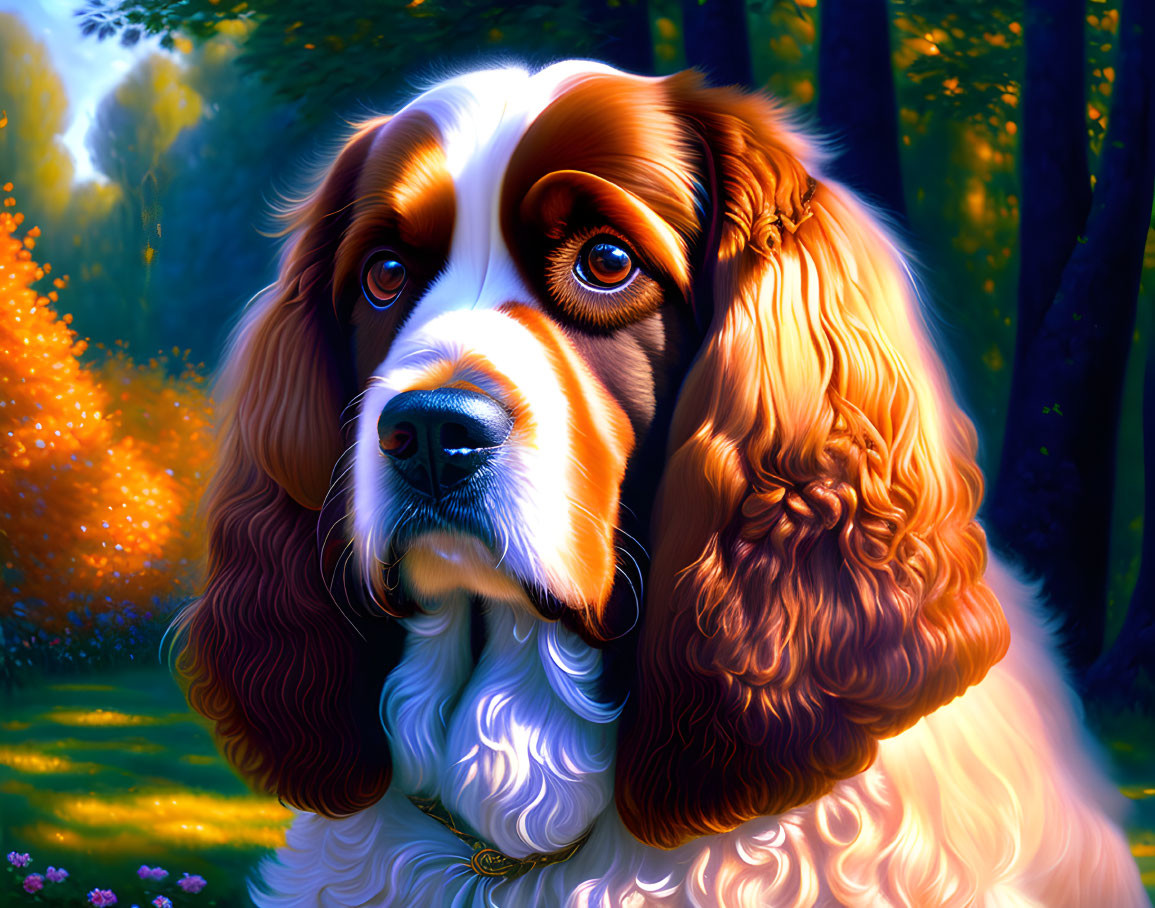 Spaniel with soulful eyes in colorful forest setting