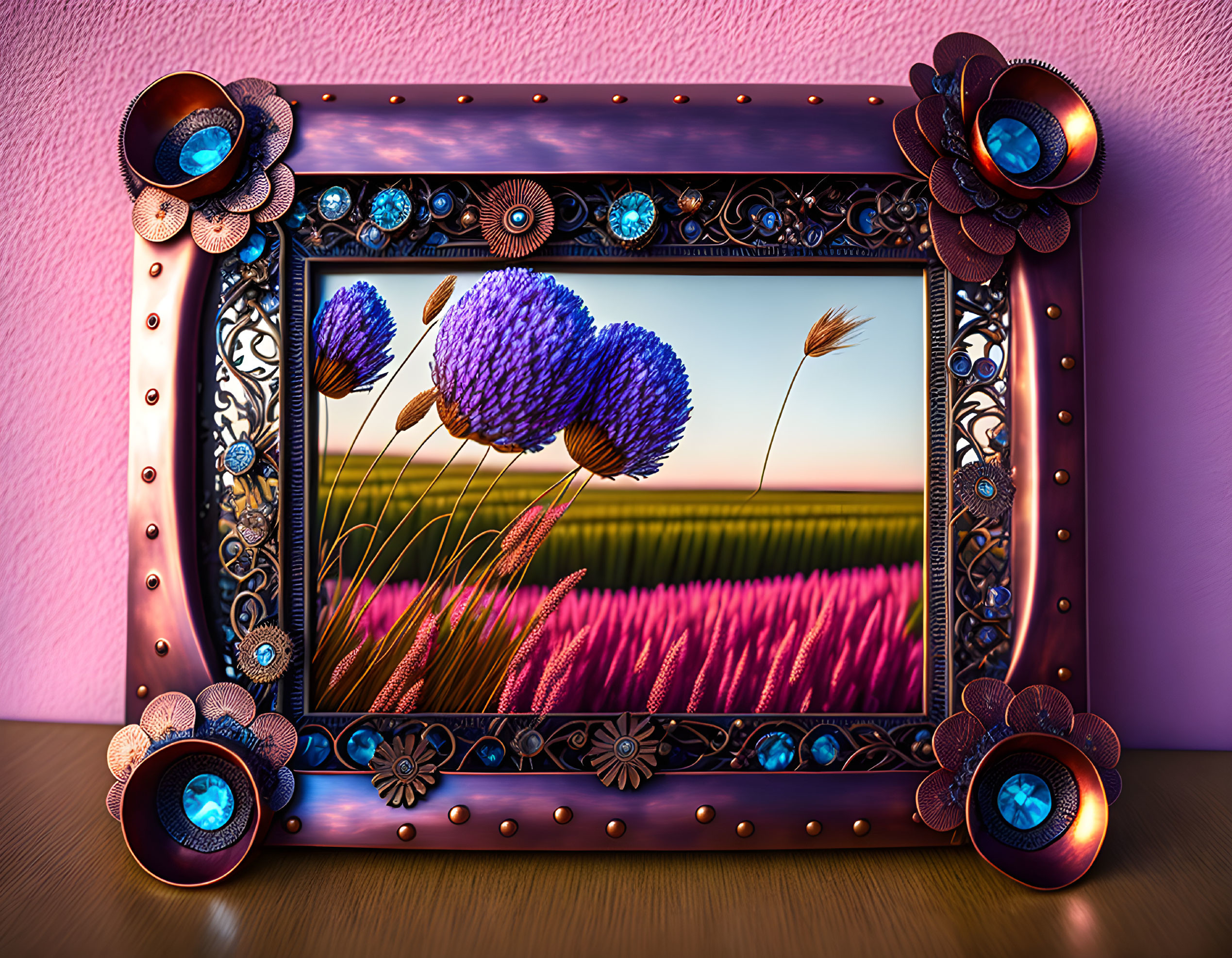 Ornate flower and wheat field picture frame on pink wall