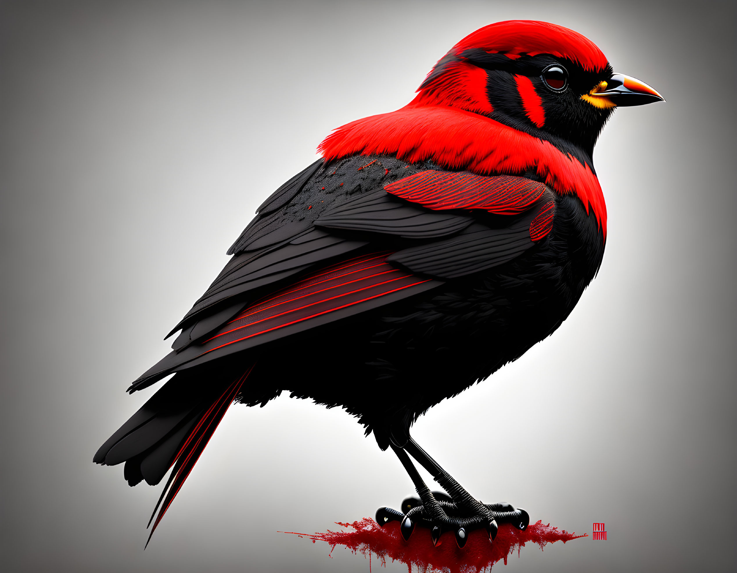 Detailed red and black bird illustration with sharp beak and intense eyes