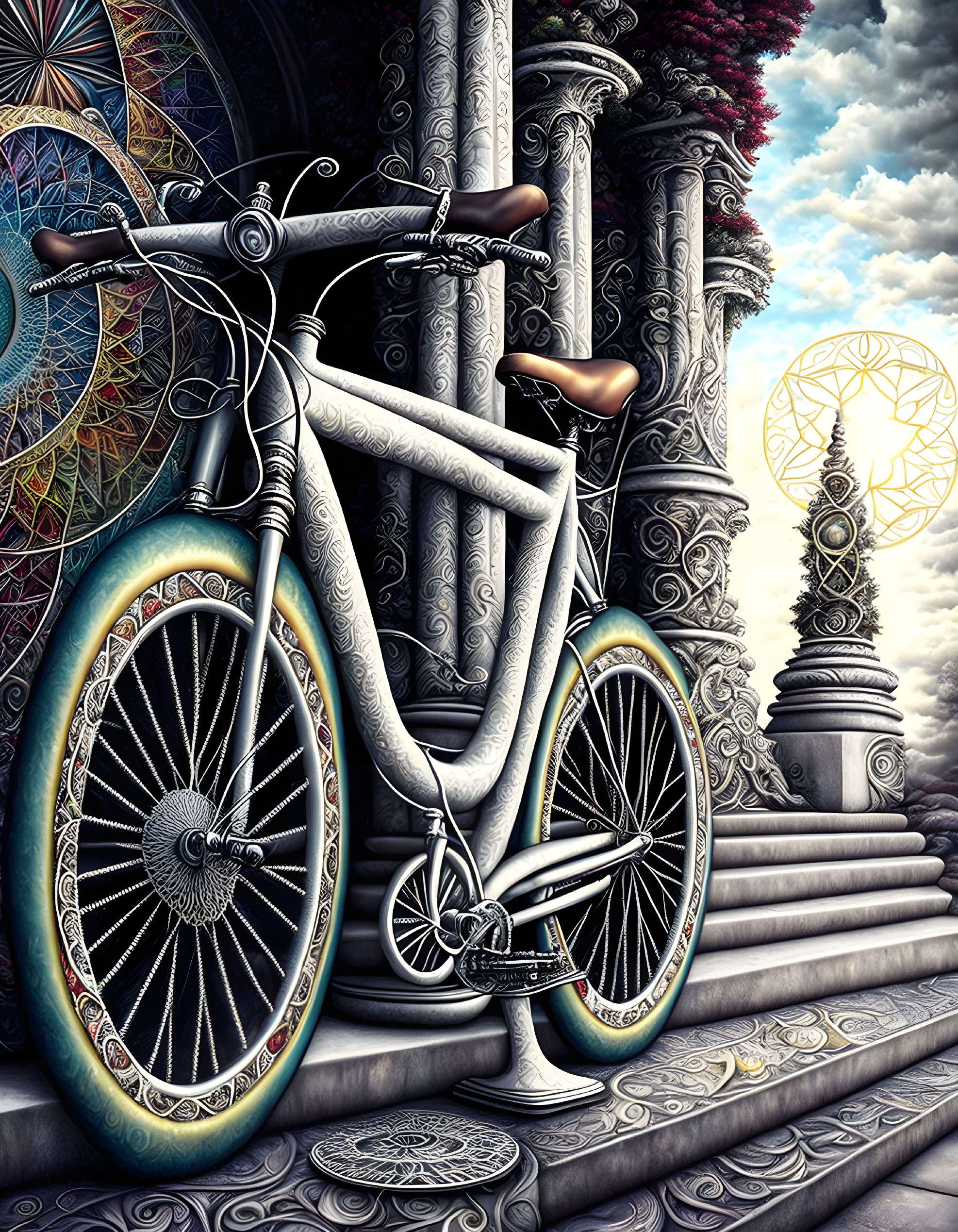 Surreal digital artwork of ornate bicycle among stone columns