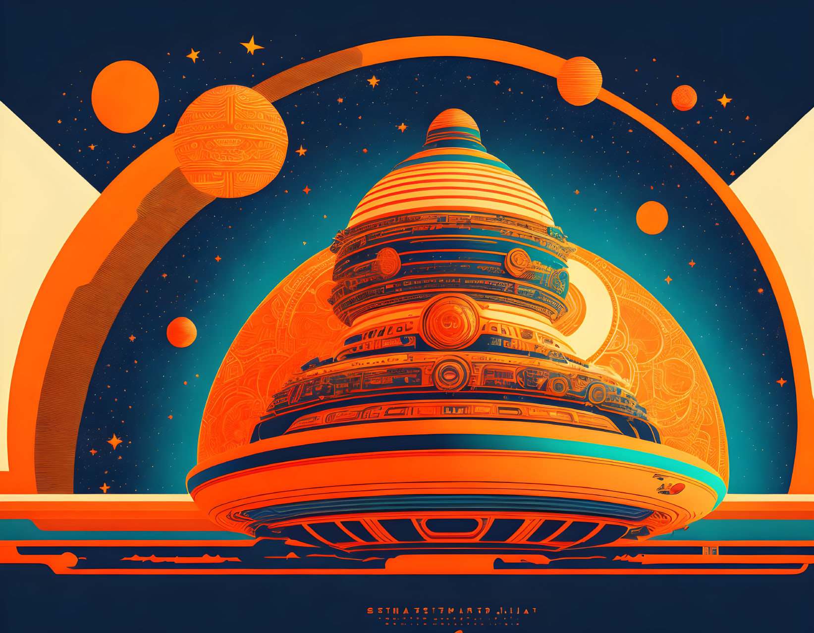 Large Orange Layered Spaceship Surrounded by Celestial Bodies on Retro-Futuristic Space Poster