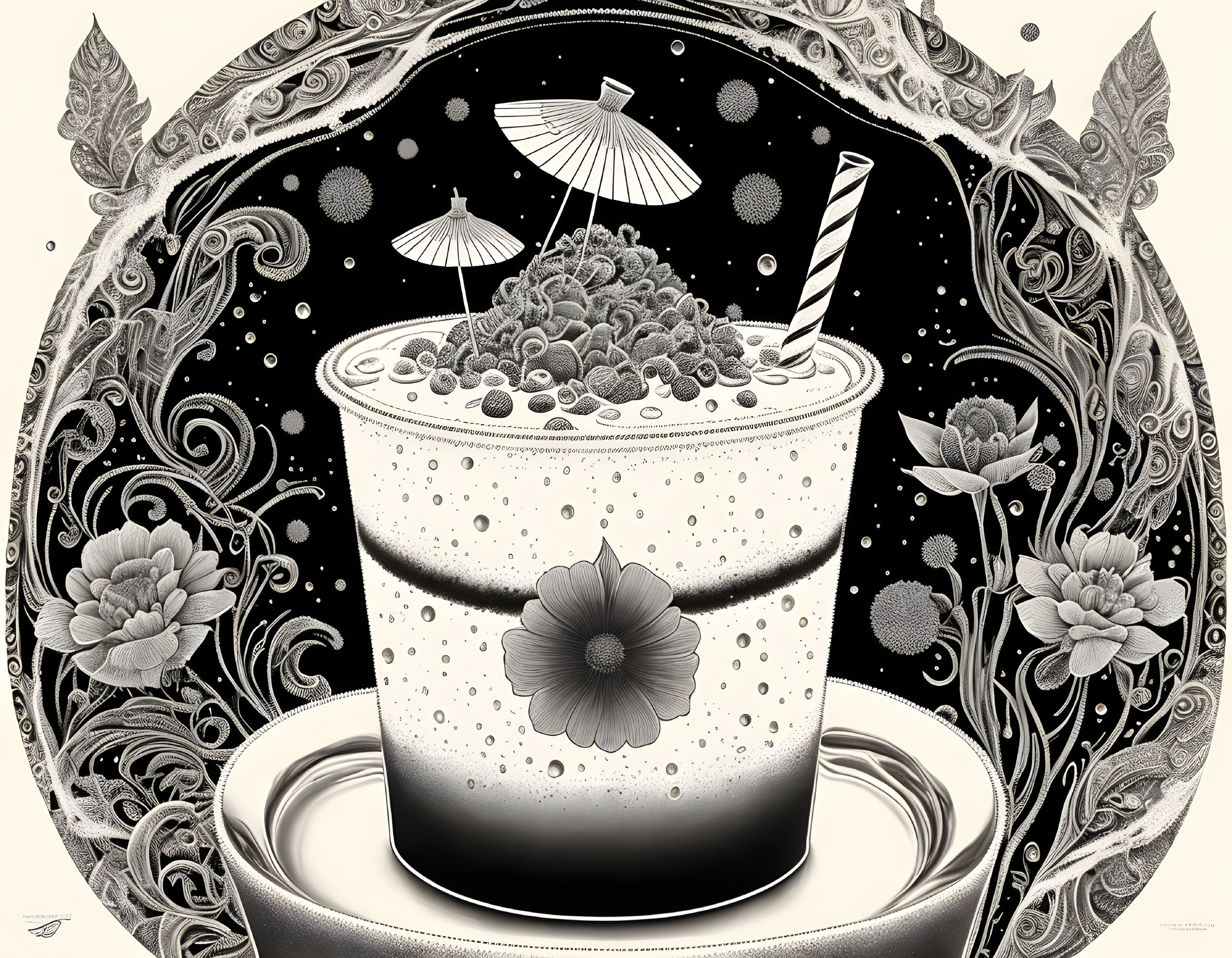 Monochrome bubble tea illustration with floral motif and cosmic background