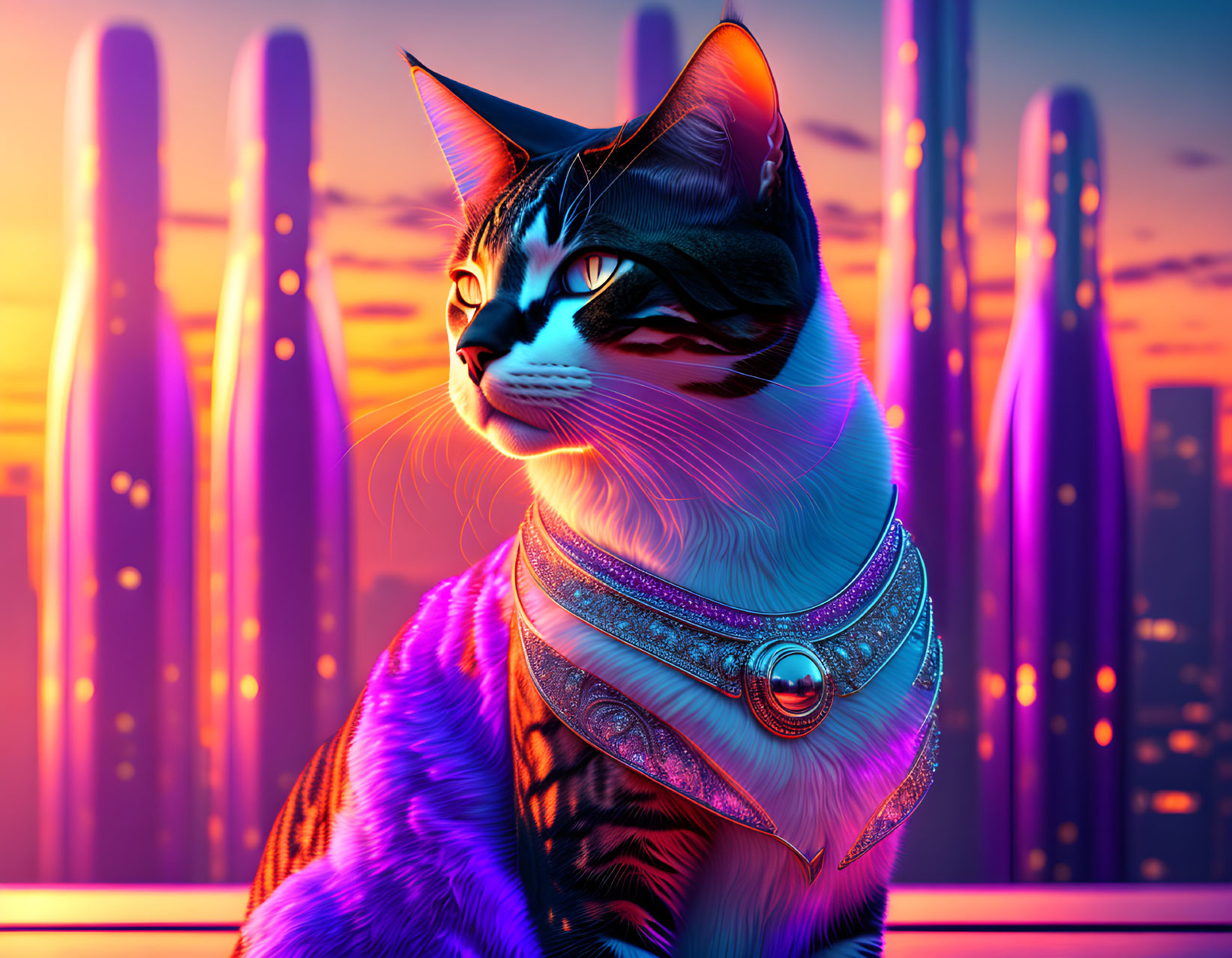 Digital artwork: Cat with neon cityscape background and sci-fi collar