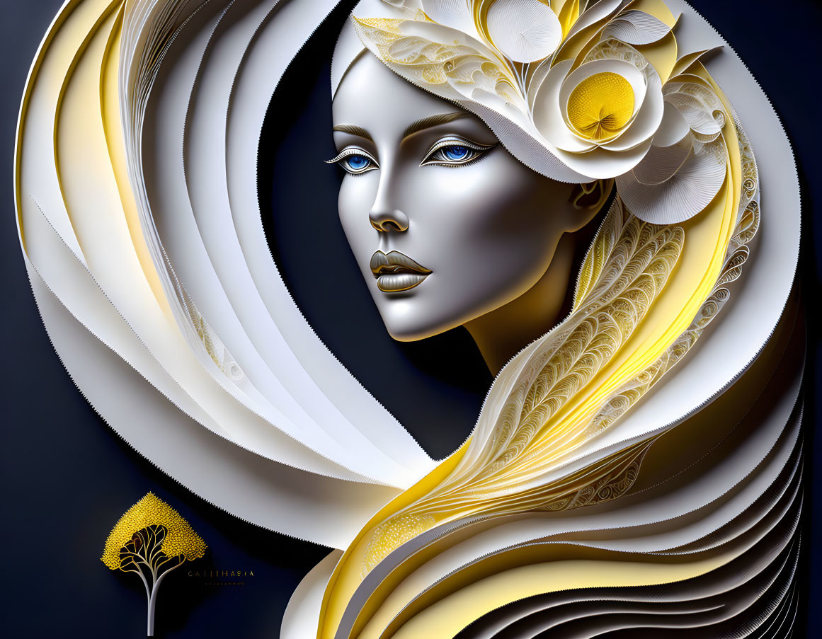 Stylized woman with white and gold floral motifs on dark background