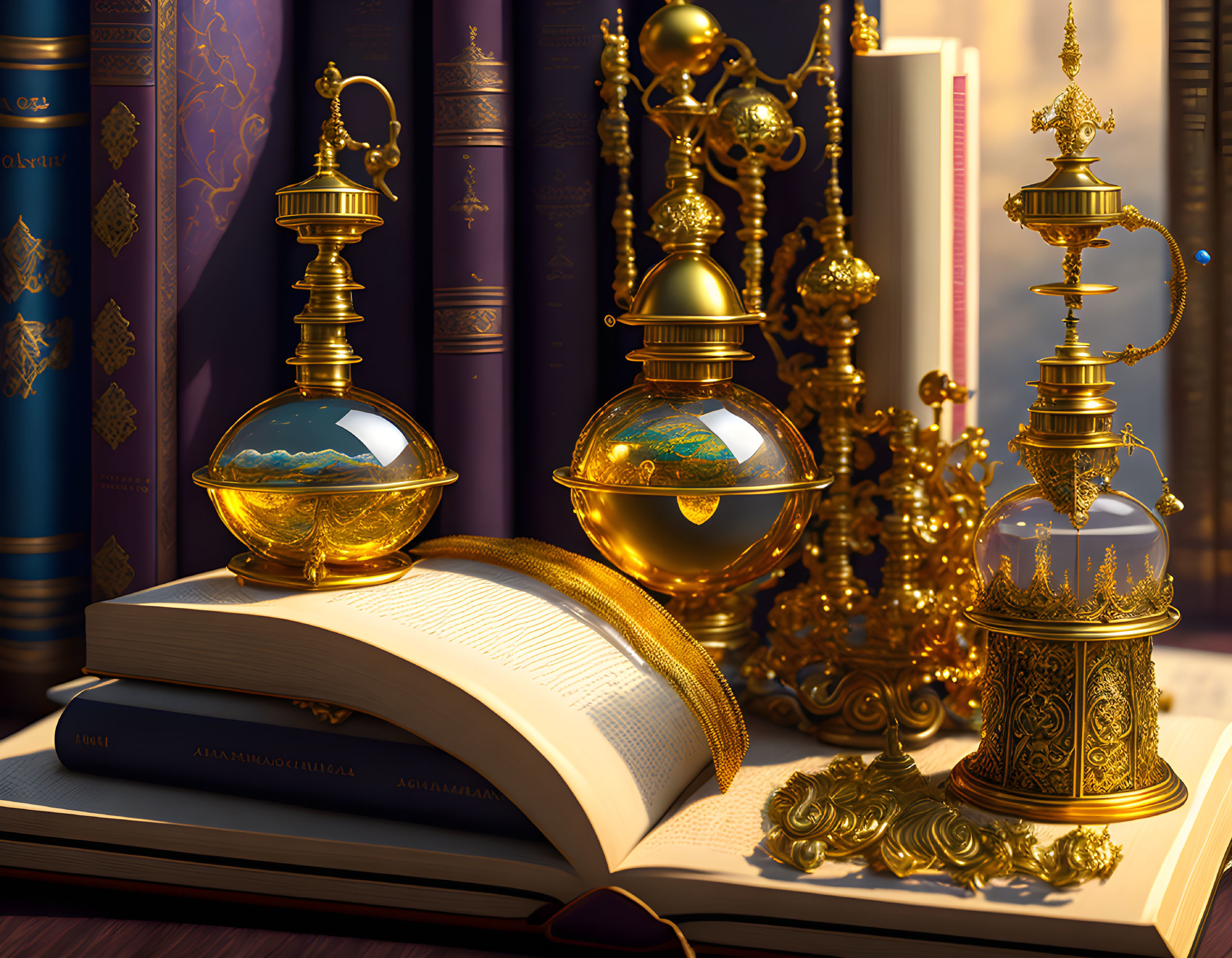 Golden objects, lanterns, and books in warm light