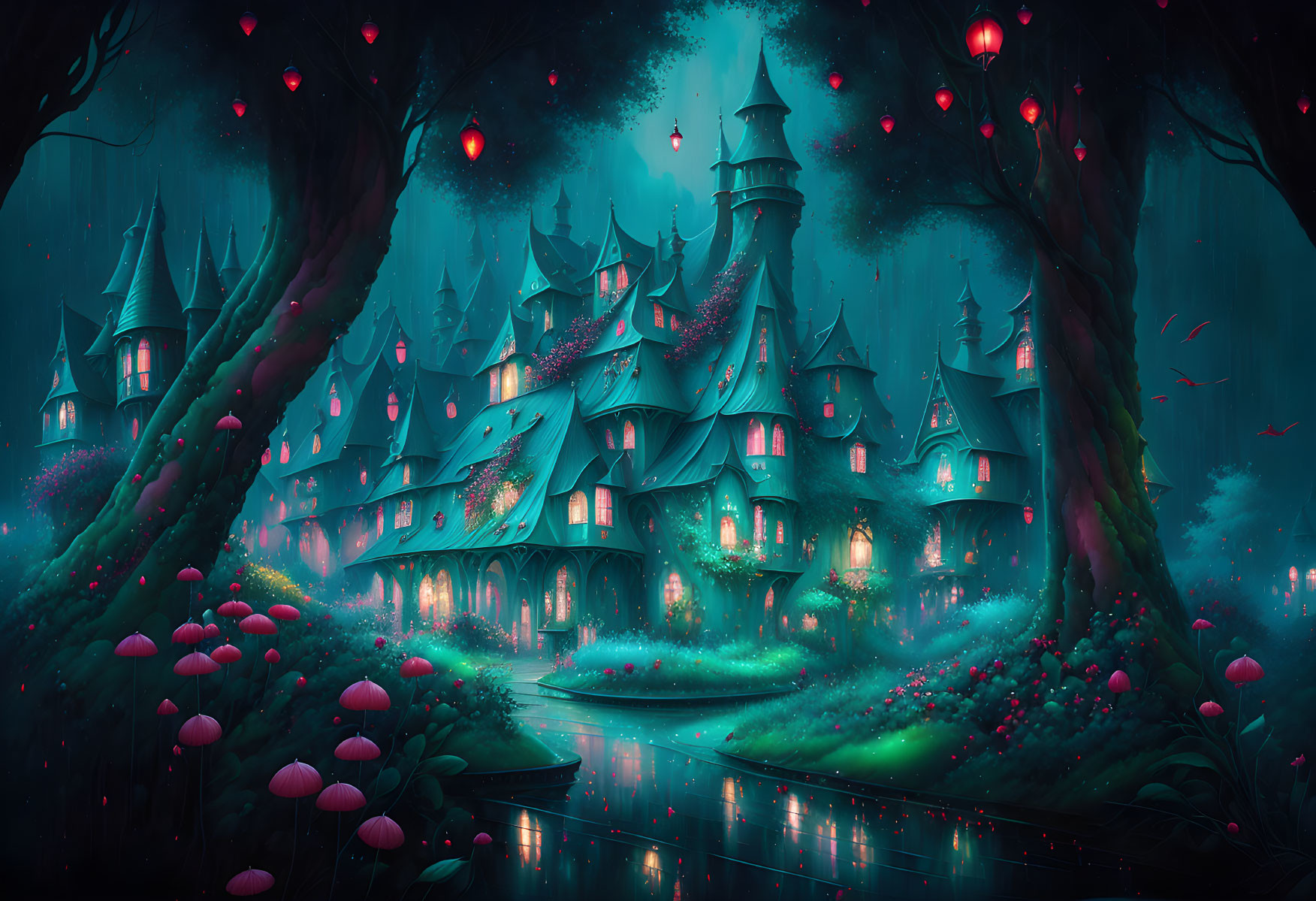 Mystical castle in enchanted forest with glowing flora and river