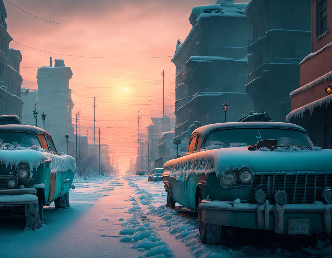 Snowy Street at Sunset with Vintage Cars and Icy Buildings