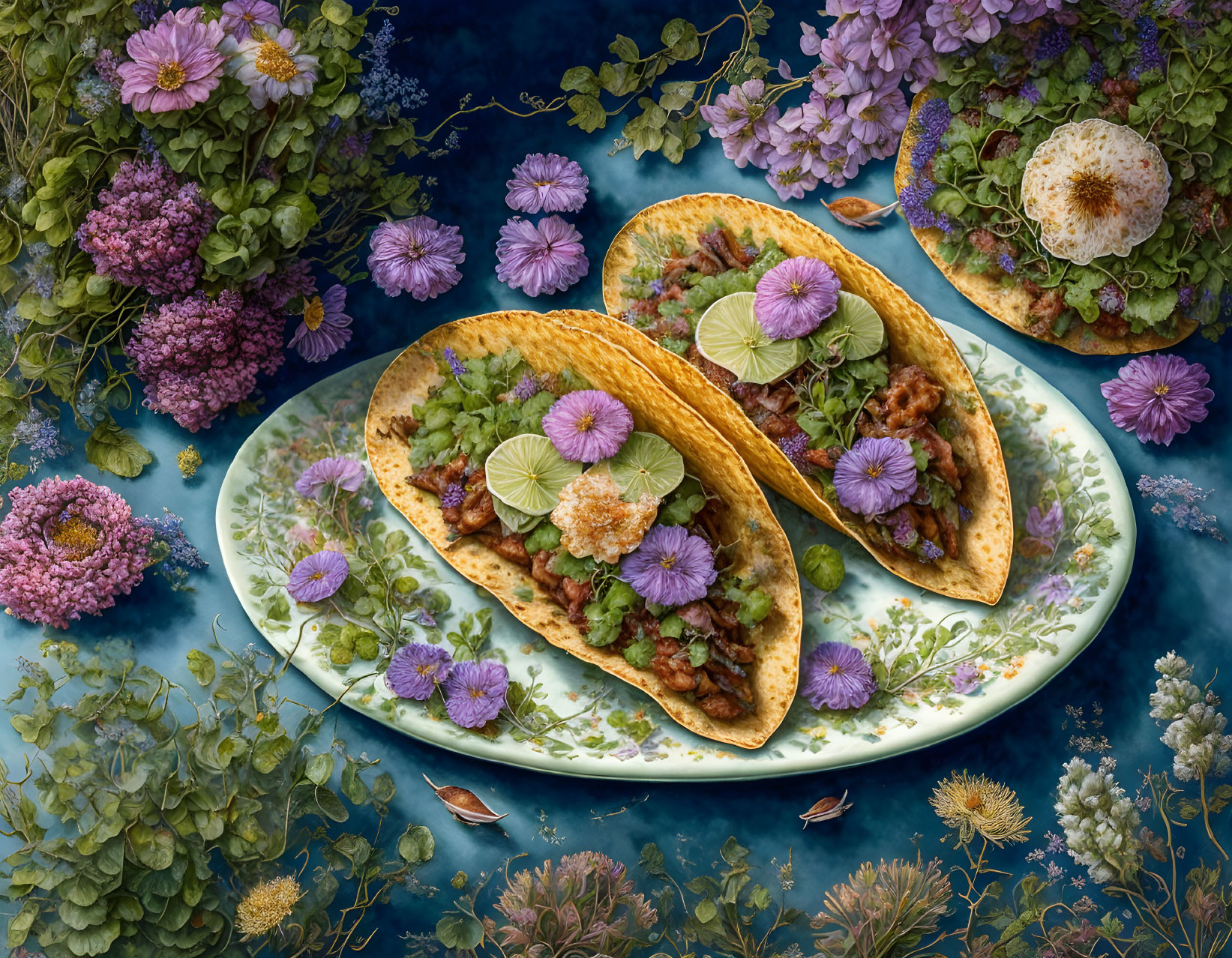 Three tacos on floral ceramic plate with vibrant flowers and greenery on dark blue backdrop