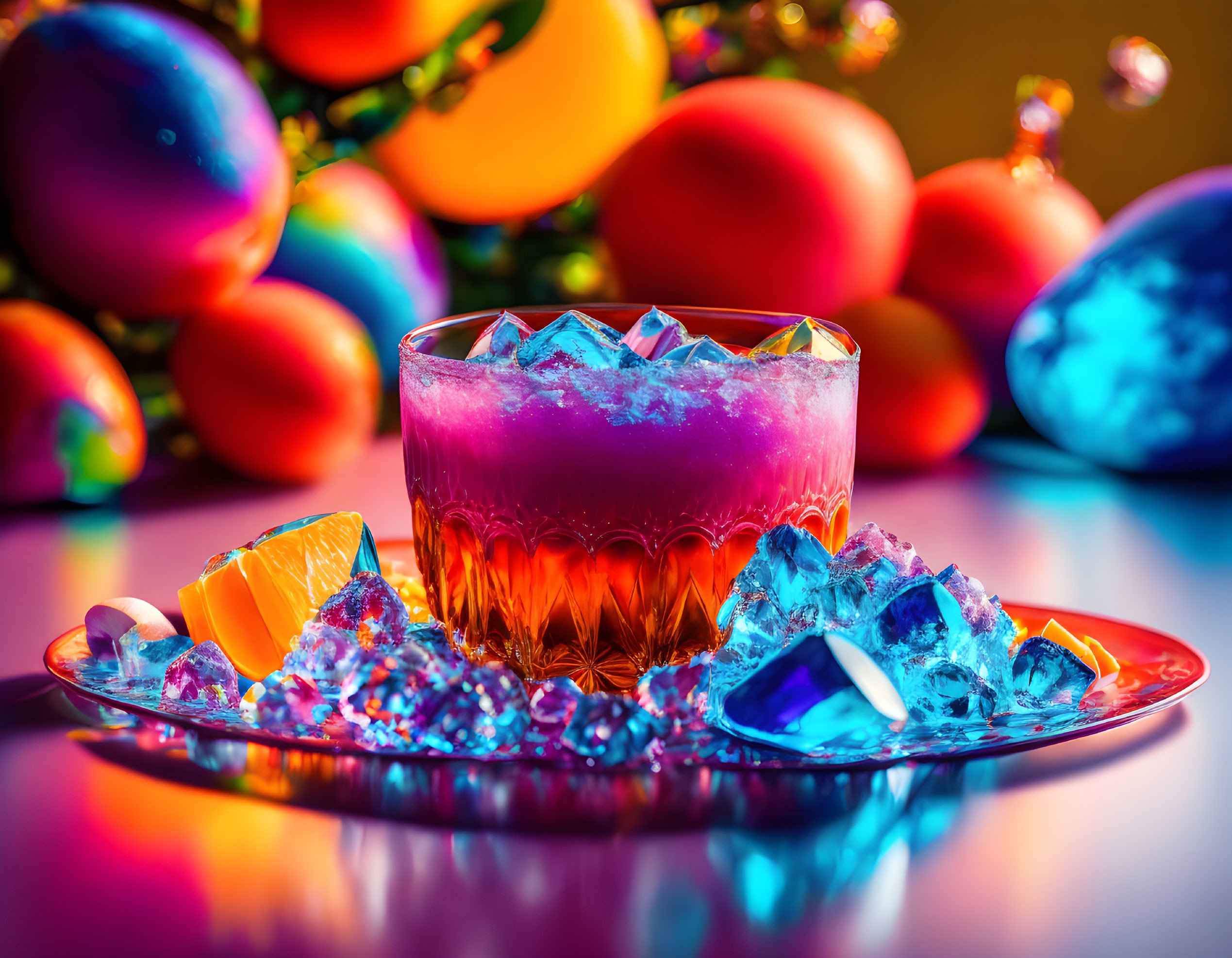 Colorful purple cocktail with ice on plate, surrounded by baubles and festive backdrop